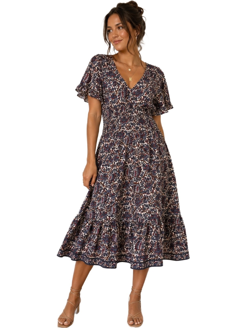 NWT Max Studio Floral Smocked Midi Dress XL Boho Flutter Sleeve Cottagecore